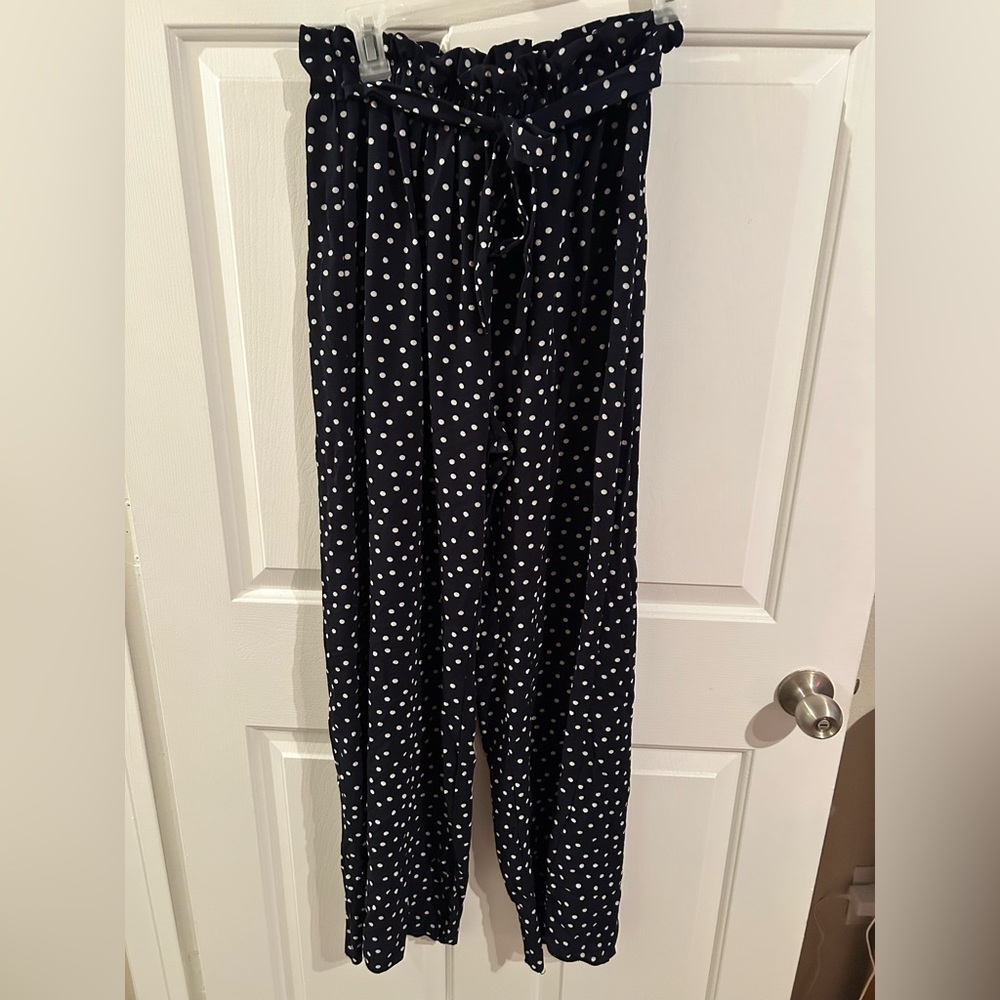 See You Monday Navy and White Polka Dot Wide Leg Pants